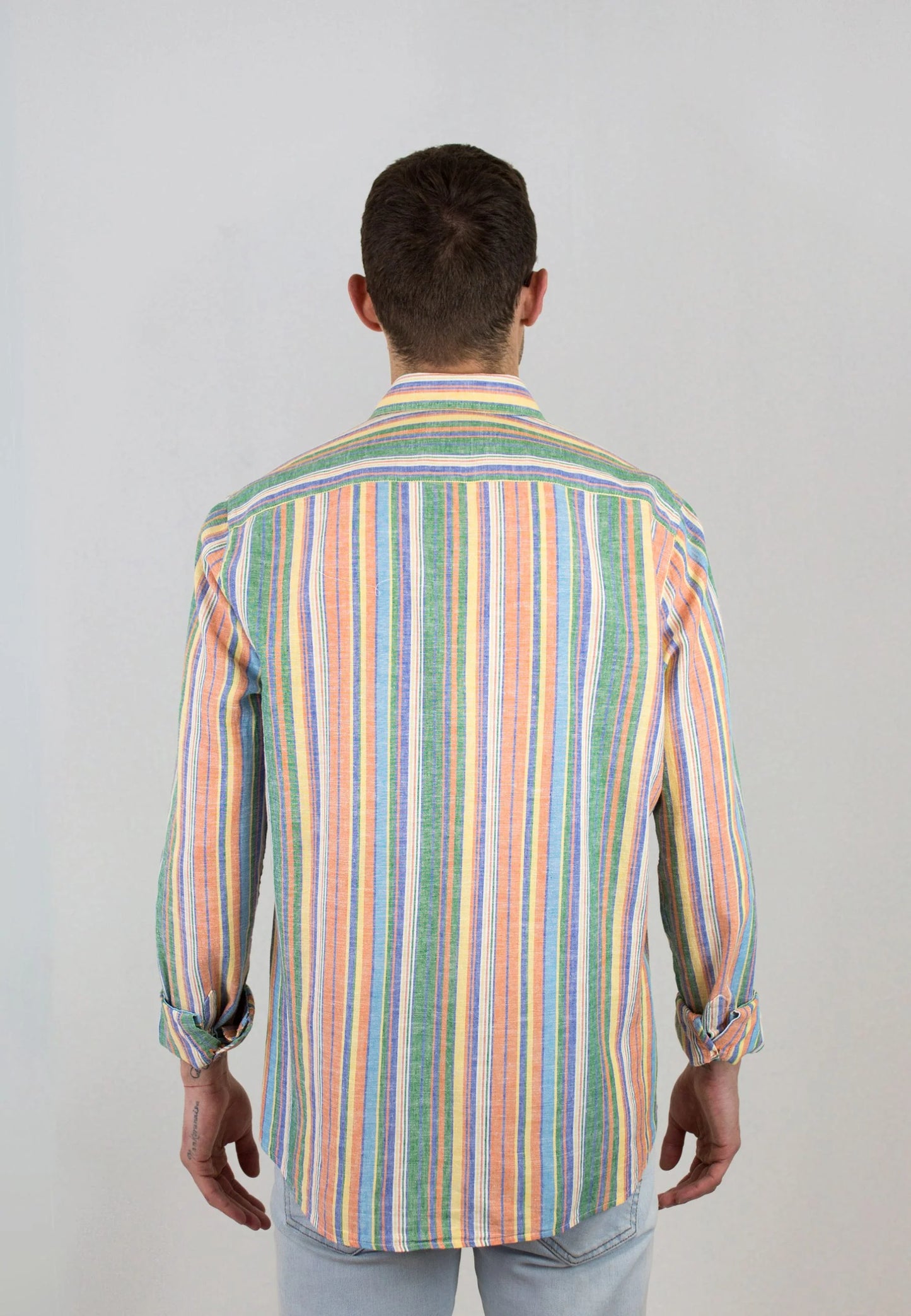 Men's cotton and linen shirt with colorful stripes - lightness and style for summer "Camisa algodón lino Federer multiraya"