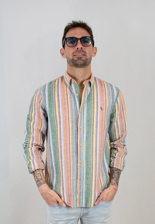 Men's cotton and linen shirt with colorful stripes - lightness and style for summer "Camisa algodón lino Federer multiraya"